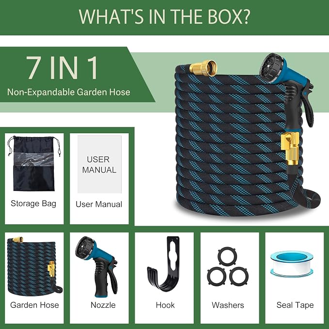 Garden Hose Non-Expandable 50 ft, Lightweight Flexible Water Hose with 10 Function Spray Nozzle, Outdoor Leak Proof, Kink-Free, Portable Hose for Yard, Lawn, Camper, High-Density Fabric, Black Blue