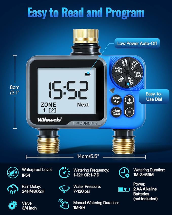 Brass Water Timer for Garden Hose, 2 Zone Sprinkler Timer, Automatic Irrigation System/Rain Delay/Manual Watering, Programmable Watering for Lawn, Yard, Drip Irrigation C92WT06