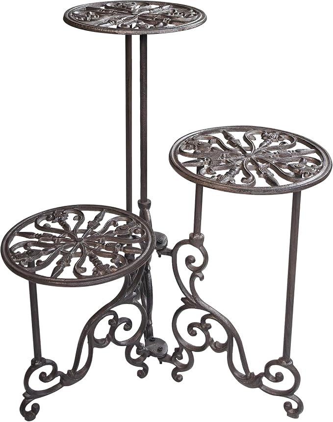 Cast Iron Plant Stand, 3-Tier Corner | Heavy-Duty, Vintage Metal with Ornate Design, 24-Inch Foldable Multi-Layer Rack, Indoor & Outdoor Use