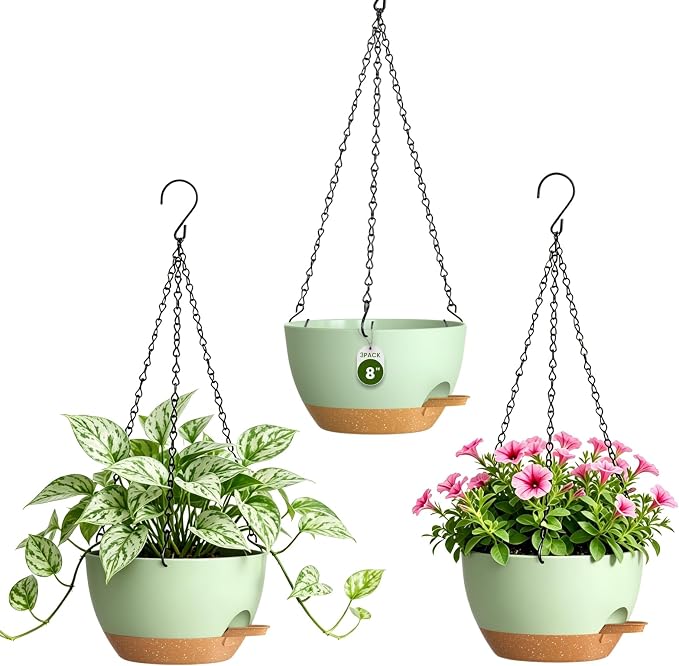 8 Inch Self Watering Hanging Planters, 3 Pack Plastic Plant Pots | Sturdy lightweight pot with side watering lip, drainage holes, snap-on detachable tray & hanging chain for easy care
