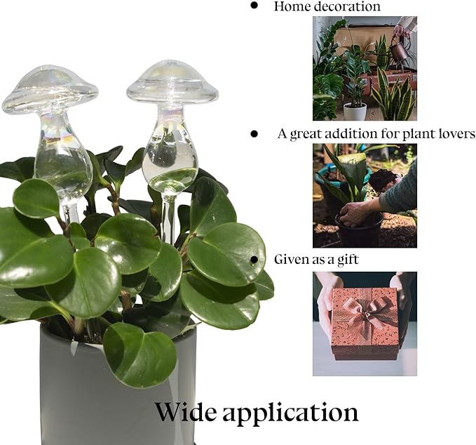 HyJeryty 3 Pack Non-Clogging Iridescent Mushroom Plant Watering Globes with Terracotta Spikes, Hand Blown Glass Self Watering Planter Insert Plant Watering Devices Bulbs for Indoor and Outdoor Plants