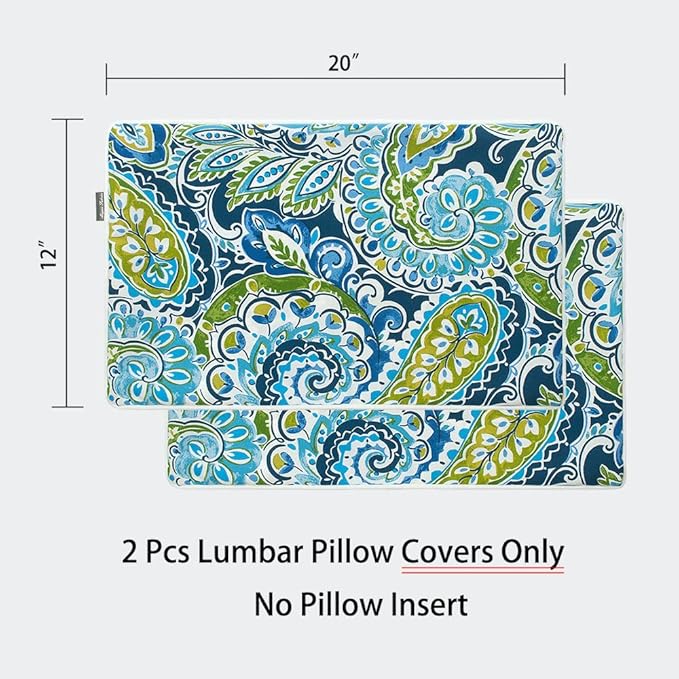 Magpie Fabrics Pack of 2 Outdoor Lumbar Pillow Case Covers 12"x20", Waterproof Rectangular Throw Pillowcase Shell Decorative Sham for Patio Garden Couch - Paisley Lapis Green
