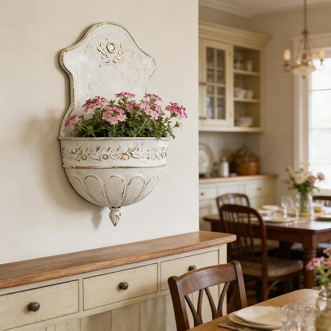 Vintage Distressed White Metal Wall Planter, Rustic Hanging Pocket Planter with Scrollwork & Scalloped Design, Farmhouse Wall Decor for Indoor & Covered Outdoor Garden, Porch & Entryway (White Gold)