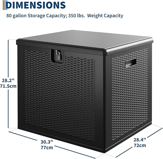 80 Gallon Outdoor Storage Box – Lockable Waterproof Resin Deck Box for Patio & Garden (UV Resistant, Holds Cushions, Tools, Pool Equipment) - Black