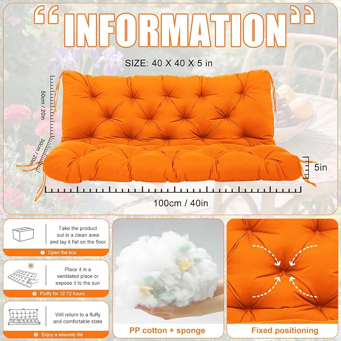 Porch Swing Cushions 2 Seater Replacement Thicken 5" Waterproof & Fade Resistant Swing Cushions for Outdoor Furniture Bench Patio Swing Cushion with Backrest & Ties(Orange 40x40x5inch)