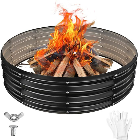 YSEJOMP 48 Inch Round Galvanized Fire Pit Ring/Fire Ring - Foldable and Perfect for Outdoor Gatherings and Campfires in the Yard/Garden/Park/Beach (Black+Gray, 4 FT Diameter+1 FT Tall)