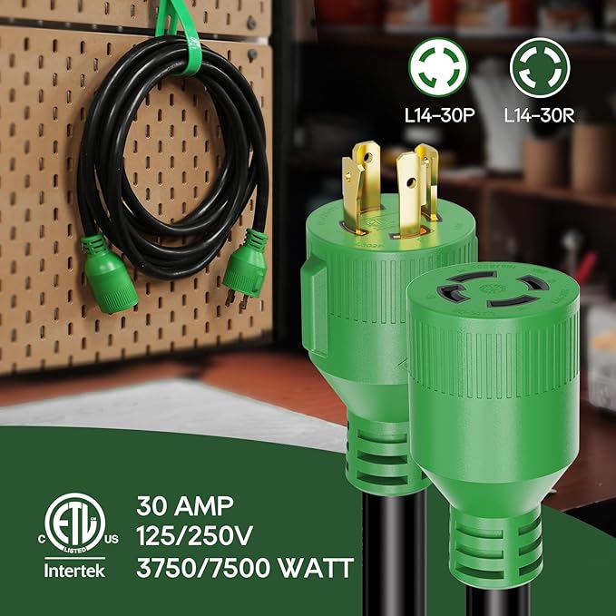 RVGUARD 4 Prong 30 Amp 25 Foot Generator Extension Cord, NEMA L14-30P/L14-30R, 125/250V Up to 7500W 10 Gauge SJTW Generator Cord with Cord Organizer, ETL Listed