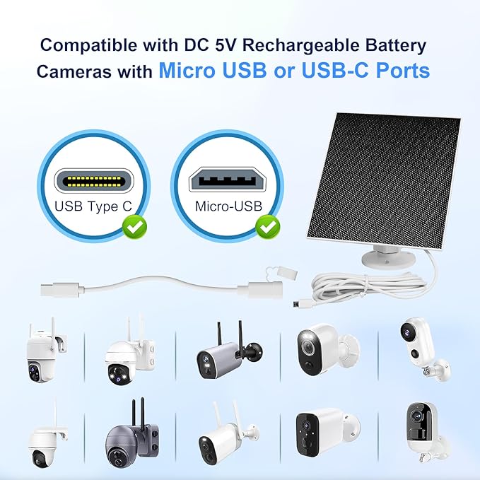 Security Camera 5V 5W Solar Panel - Adjustable Wall Mount, 9.8ft Cable, IP65 Waterproof - Suitable for USB-C & Micro USB