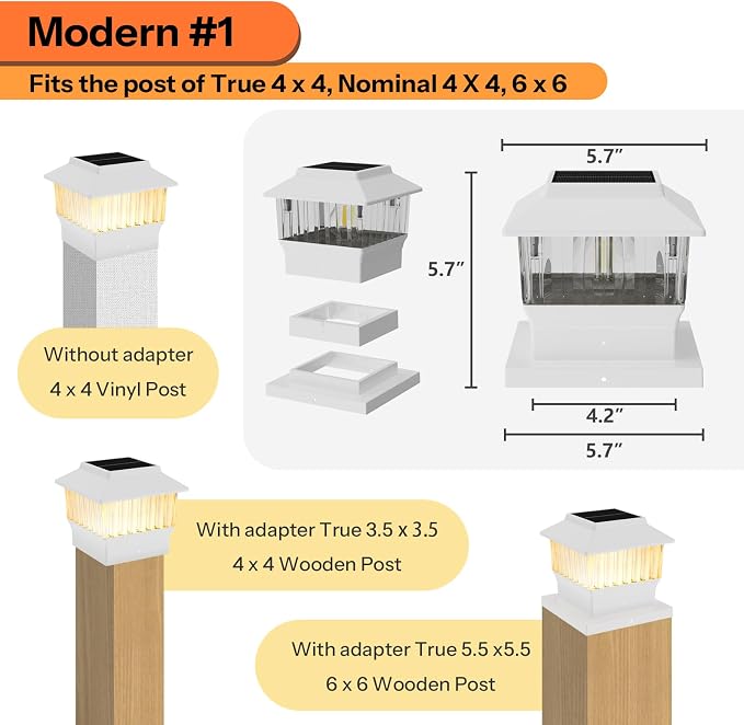 Single Solar Post Cap Light - Modern #1: Fits True 4x4 Vinyl, 4x4 & 6x6 Wood Posts, 3 Color Temp, 50 Lumen, Waterproof Outdoor Lights for Deck Fence, Elegant White