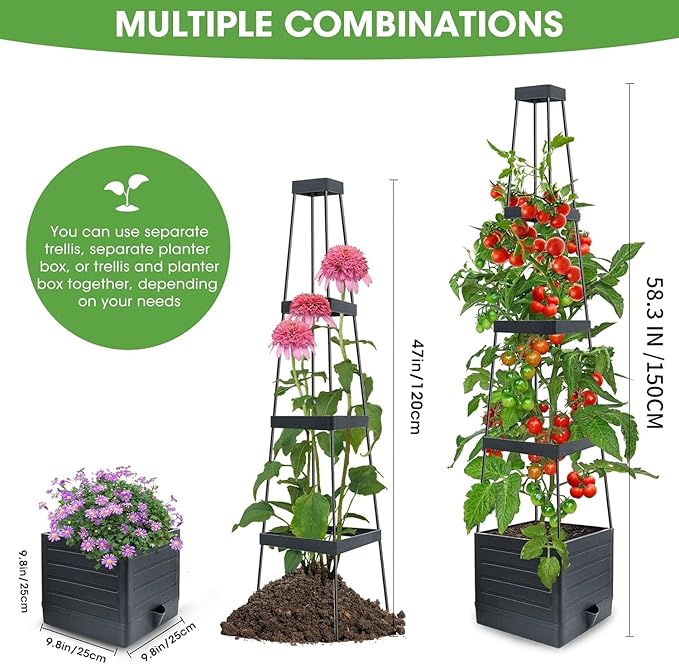 MYMULIKE Raised Garden Bed 4 Packs, Planter Boxes with Trellis 58.3'' Tomato Planters for Climbing Vine Vegetables Flowers Plants Self Watering Tomatoes Cage for Outdoor Patio Greenhouse