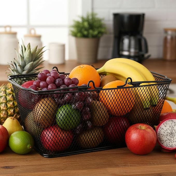 Garden Harvest Basket,Metal Wire Storage Basket with Handle,Large Food Baskets,Garden Baskets for Gathering Vegetables,Fruits,Kitchen,Picnic,Black