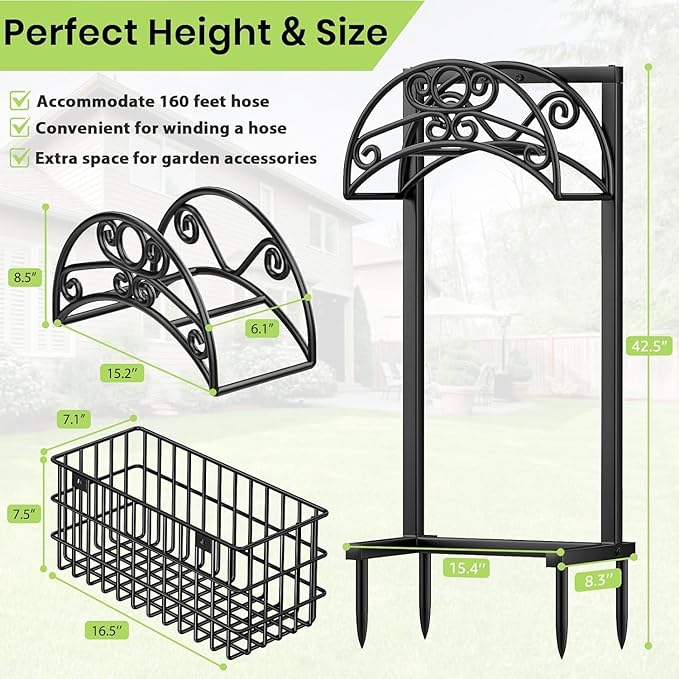 TomCare Garden Hose Holder with Large Storage Basket Heavy Duty Water Hose Holder Holds 160 Feet Hoses 4 Spikes Freestanding Hose Hanger Stable Hose Storage Organizer for Outside Yard