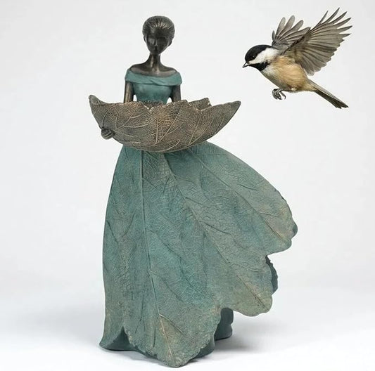 DiliComing Fairy Garden Statues Bird Feeder - 12 Inch Resin Outdoor Fairy Statue for Garden Decor, Decorative Patio Yard Lawn Flower Bed Figurine, Garden Gifts for Women (Green)