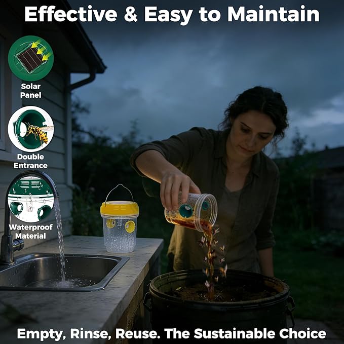 2 Pack Wasp Traps Outdoor Hanging, Carpenter Bee Traps for Outside, Yellow Jacket Trap Solar Powered Wasp Killer with UV LED Light, Bee Catcher Traps, Hornet Traps