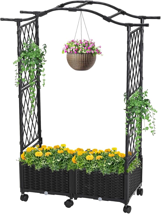FOLLOOK Planter Box with Trellis Outdoor, 57in Plastic Raised Garden Bed with Trellis Hanging Roof for Vine Flower, with Lockable Wheels & Drain Plug for Patio Backyard Balcony, Black, 1 Pc