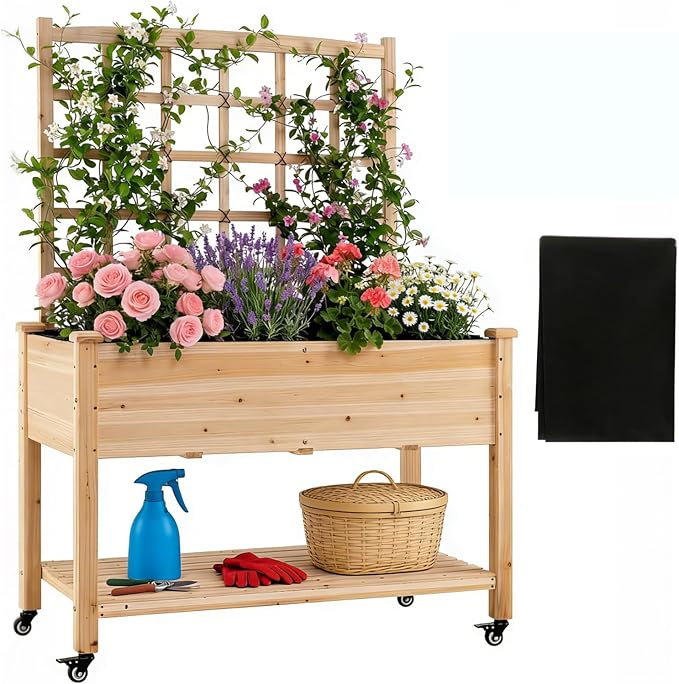 COSTWAY Wooden Raised Garden Bed with Trellis, Mobile Elevated Planter on Wheels, 285 lbs Capacity with Liner & Drainage Holes, Freestanding Outdoor Box for Climbing Plants, Vegetables, & Herbs