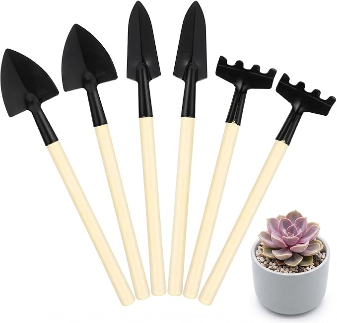 Housoutil Mini Gardening Tools, 6Pcs Small Garden Tools Set, Miniature Shovel Rake Trowel for Indoor Plants Pots Succulent Terrarium Bonsai, Portable Fairy Garden Accessories Hand Supplies Kit