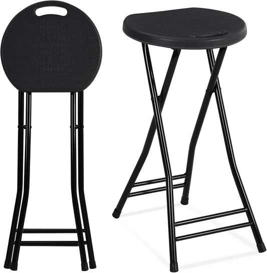 Suzile 2 Pcs 24 Inch Tall Folding Chair Portable Plastic Stool Chair Heavy Duty Foldable Bar Stools with Handle for Adults Kitchen Counter Room Home Camping Indoor Outdoor, 300lbs Capacity (Black)