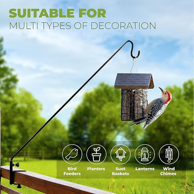 Idzo Deck Hook for Bird Feeder, 43in Deck Bird Feeder, Plant Hanger for Railing, 3in Non-Slip Clamp, 2 Packs