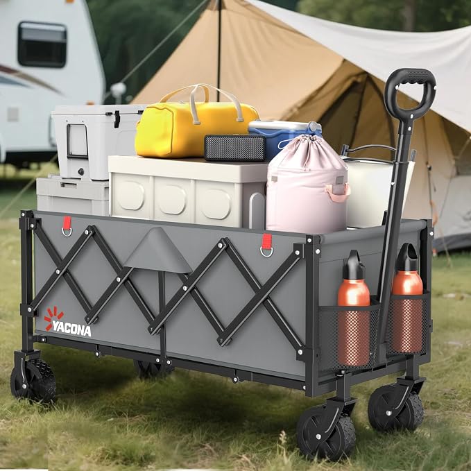 35" L Extra Long Wagons Carts Foldable, 360LBS Heavy Duty Collapsible Wagon with Wheels, Folding Wagon Portable Utility Cart for Groceries, Shopping, Camping, Sports (Gray, 180L)