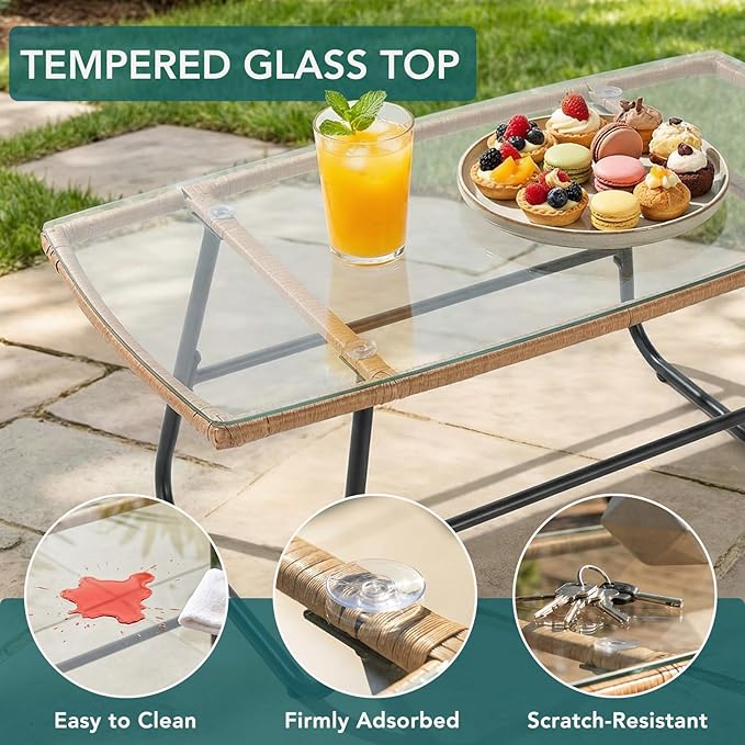 DUMOS Outdoor 4 Piece Patio Furniture Set, Wicker Patio Set with Thick Sandwich Structure Cushions, Deep Seating All-Weather Rattan Sofa and Functional Glass Table for Porch, Lawn, Brown