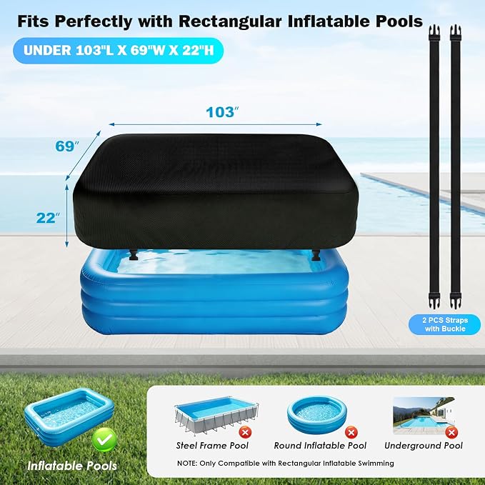 Rectangle Inflatable Pool Cover, Fits 103" L x 69" W Blow Up Pool Cover with Elastic Edge and 2 Buckle Straps, Thickened Waterproof Oxford Inflatable Pool Cover for Above Ground Pool
