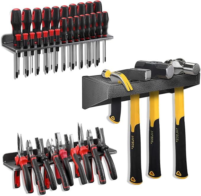 Screwdriver Organizer，Metal Screwdriver Organizers, Hammer Rack，Pliers Organizer, Wall Mounted Tool Organizers for Workshop，Set of 3 Tool Holder Organizer for Workbench