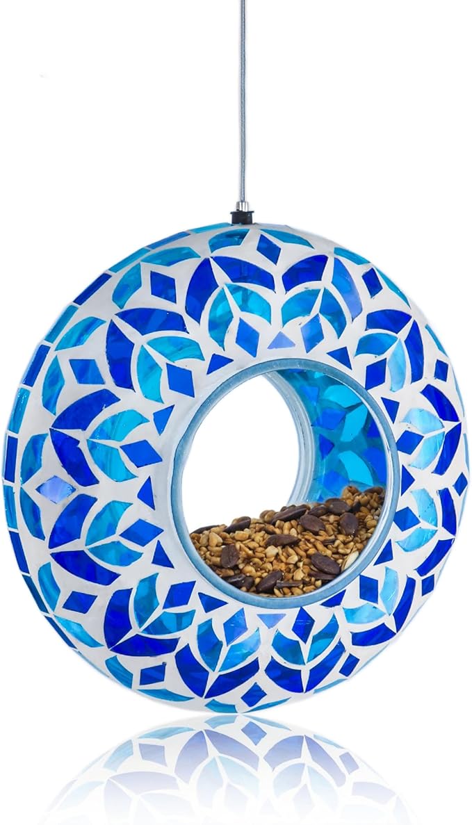 Lily's Home 8" Mosaic Hanging Bird Feeder with 10" Wire - Bird Feeders for Outdoors - Ideal Garden Decor - Easy to Fill and Hang - Perfect for Backyard Wild Birds- Fly-Through Access