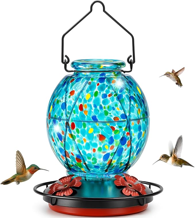 Hummingbird Feeder, Glass Hummingbird Feeder for Outdoors, Vibrant Colors Attract Hummingbirds, 18 Ounces, Netted Texture Ball Shape Bottle