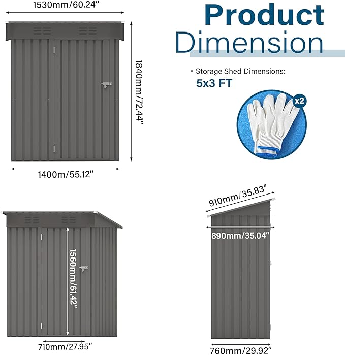 5x3FT Metal Storage Shed Outdoor Garden Tool Shed, Galvanized Steel Compact Weather Resistant Backyard Organizer, Lockable Utility Storage House for Patio Courtyard Equipment Storage Multi Use