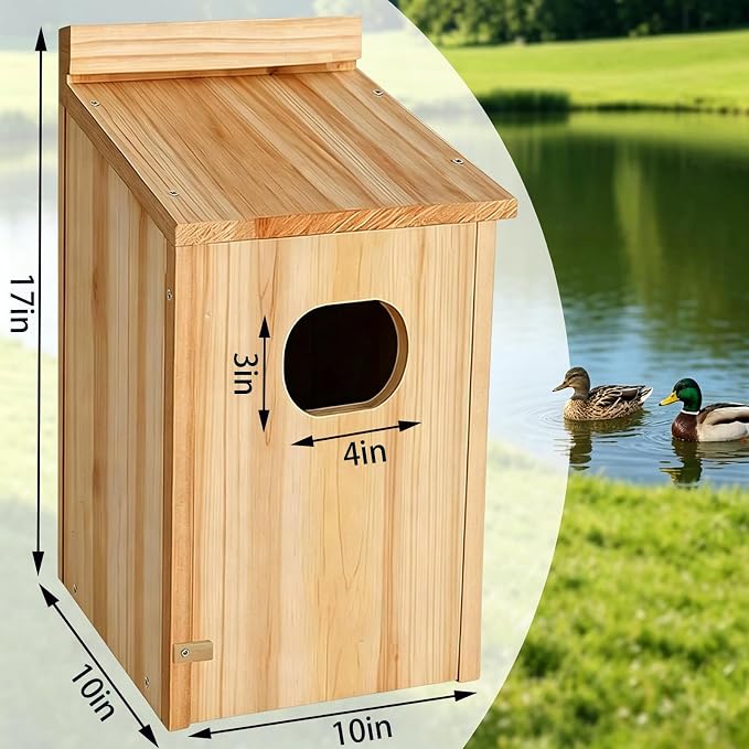 Wooden Duck Nesting Box, Wood Duck House for Outdoor Tree Mounting, 10x10x17 Inch with 4 Inch Entry Hole