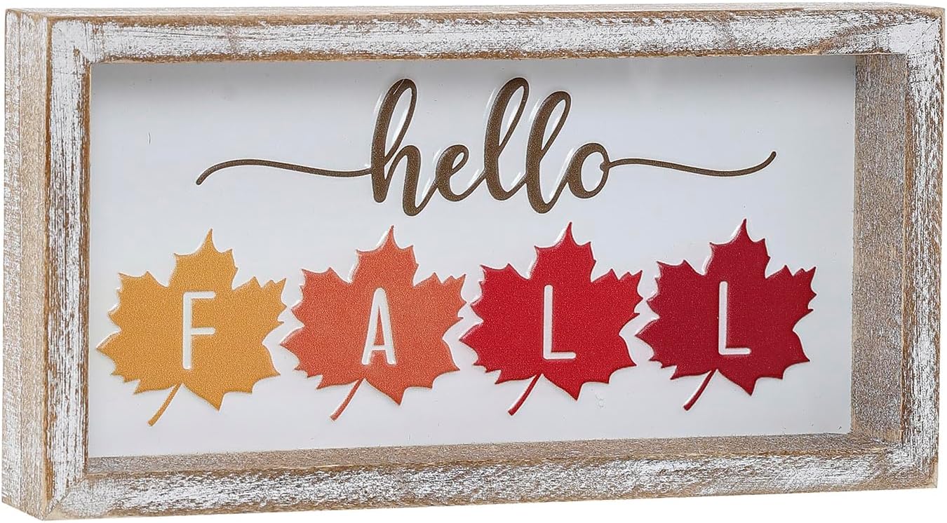 Embossed Hello Fall Sign, Farmhouse Fall Decorations for Home, Modern Autumn Home Decor Indoor, Wooden Thanksgiving Tiered Tray Decor for Table Shelf Cubicle Desk Mantel