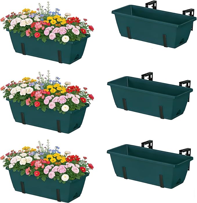 6 Pack Deck Railing Planter Boxes Outdoor Fence Planters with Drainage Holes, 17’’ Window Boxes Planters with Adjustable Metal Brackets for Garden, Balcony, Patio, Green