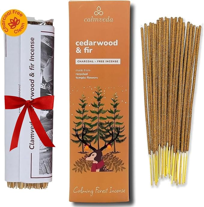 Calmveda Balsam Cedar Incense Sticks - (80 Scented Sticks) Charcoal Free, Made from Upcycled Flowers | Like Freshly Cut Christmas Tree Incense Sticks, Cypress Woodsy & Moss Notes | for Holiday Cheers