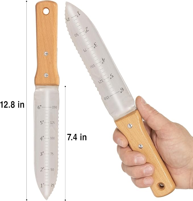 Grampa's Weeder & Garden Knife Bundle - Original Stand Up Weed Puller with Bamboo Handle & 4-Claw Steel Head + Versatile 7" Hori Hori Knife with Serrated & Straight Blade for Weeding, Digging, and Pla