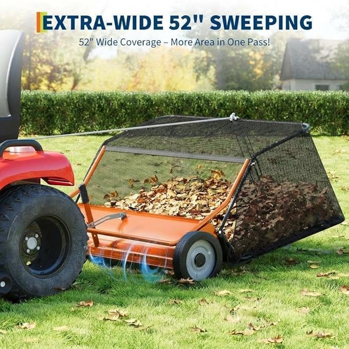52" Large Capacity Pull Behind Lawn Sweeper with Adjustable Sweeping Height - Leaf & Grass Collector with Dumping Rope Design for Picking Up Grass and Debris