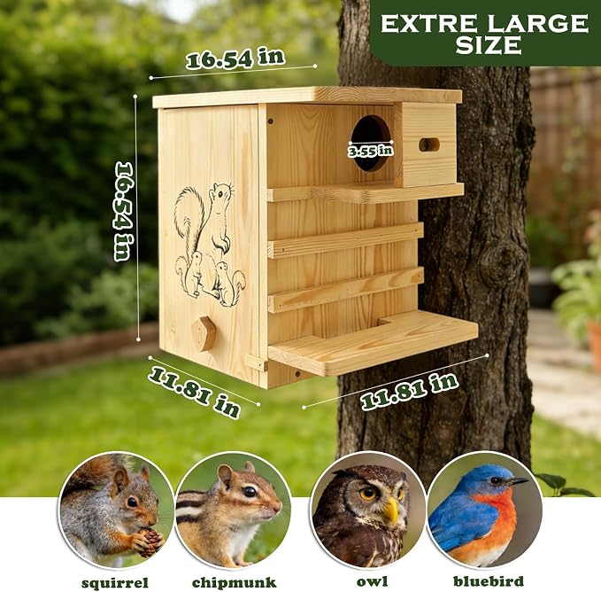 Extra Large Outdoor Squirrel House, Wooden Nesting Box | 0.7-inch pine with weather-resistant finish, external platform, front porch, ventilation and easy tree or fence mounting