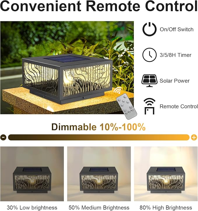Solar Pillar Light Outdoor,Dusk to Dawn Waterproof Solar Column Cap Lights,Modern Square LED 2700K outdoor column light for Garden Patio Porch Decoration with E26 Bulb,Remote Control (W11.8*H6.3)
