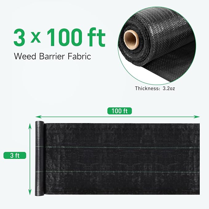 GreatBuddy 3FT × 100FT Weed Barrier Landscape Fabric Heavy Duty, 3.2oz High Density Weed Cloth for Garden, Yard, Pathway, Ultra Durable Woven Weed Control Ground Cover, Easy Setup