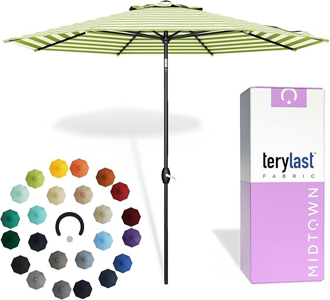 Midtown Umbrellas - 10-Year-No-Fade 6 Ft Patio Umbrella with Terylast Fabric, Auto-Tilt Aluminum Frame and 8 Reinforced Ribs for Deck, Pool, Garden & Beach - Green/White Stripes Canopy, Black Pole