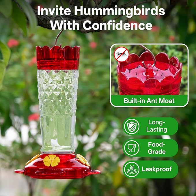 Plastic Hummingbird Feeders for Outdoors Hanging, 2 Pack 14OZ Ant & Bee Proof Humming Bird Feeder, 4 Feeding Ports Leak Proof Hummingbird Feeder for Outside Garden Decor, Gifts for Women Mom