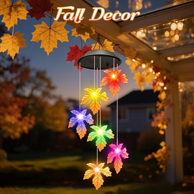 Fall Decor Thanksgiving Decorations Birthday Gifts for Women, Winzwon Solar Lights Outdoor Wind Chimes for Outside Garden Yard Patio Porch Decor Hanging Maple Leafed Halloween Autumn Decorations