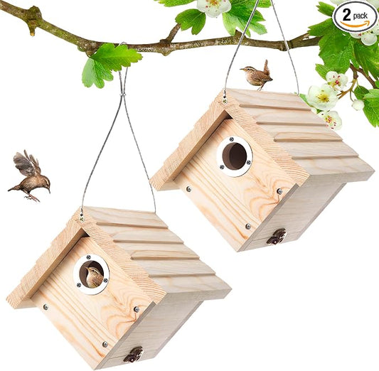 Dreyoo 2 Pack Wren House, 1-1/8'' Entrance Hole Hanging Wooden Wren Bird Houses for Outside with Metal Guard, Air Vents, Pine Wood for Chickadees (Wood Color)