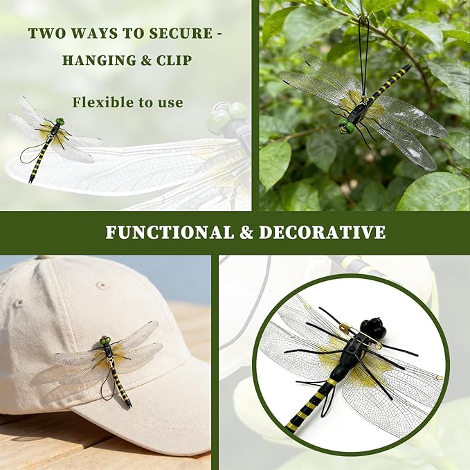 Dragon Fly Clips,4PCS Lifelike Fake Dragonflies Outdoor Hanging Ornament & Garden Decor,Clip to Hat Backpack Tent Outdoor Gear for Hiking Gardening Camping,Durable PVC Hanging Use