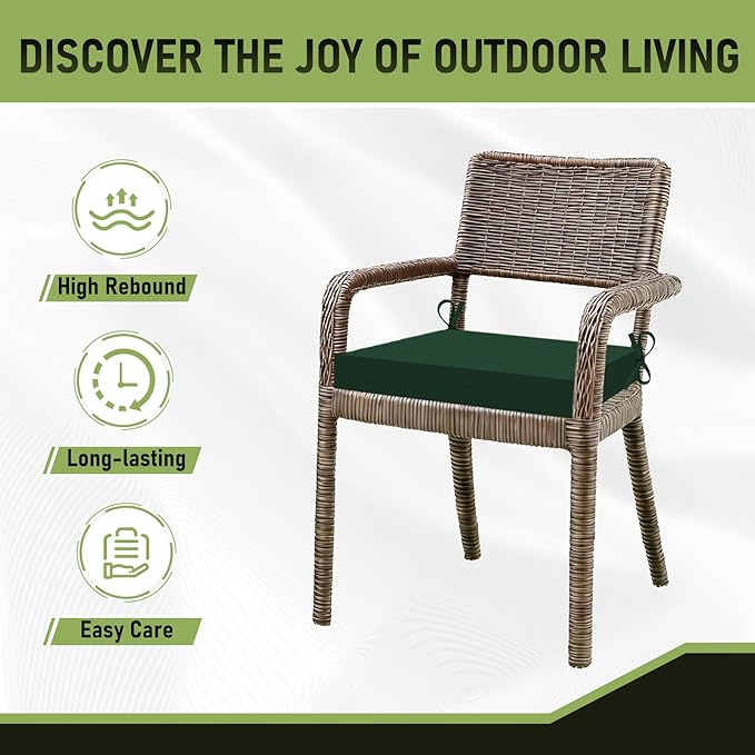 Basic Beyond Outdoor Chair Cushions Set of 4, Square Corner Outdoor Cushions for Patio Furniture, Water Resistant Patio Chair Cushions with 2 Ties, 18.5x16x3, Forest Green