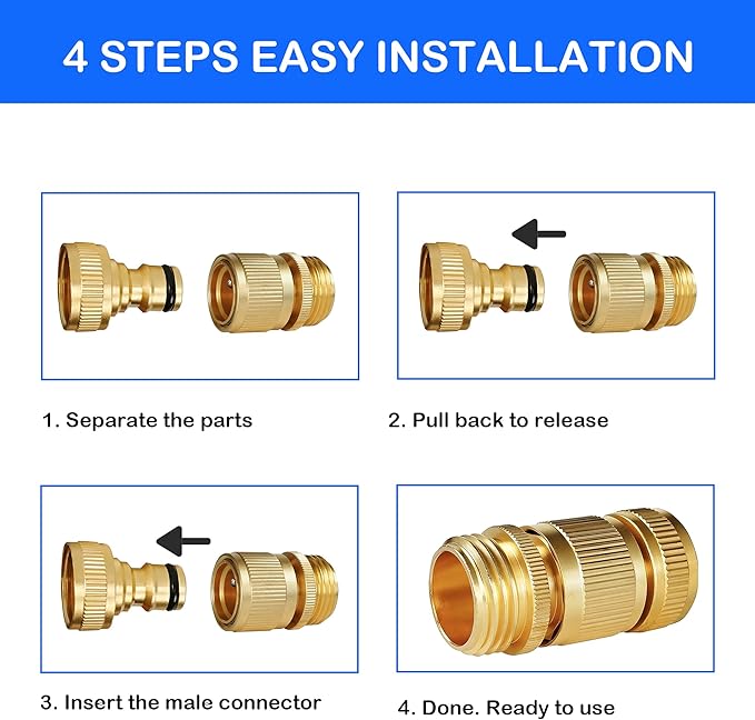 Hourleey Garden Hose Quick Connect, 8 Set Solid Brass 3/4 Inch GHT Thread Garden Hose Quick Connect Fittings, No-Leak Male and Female Water Hose Quick Release Connectors