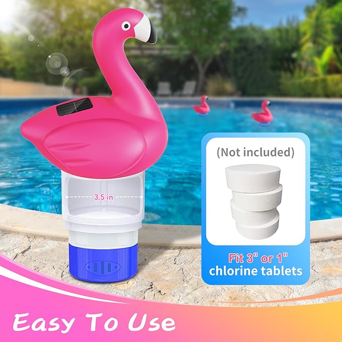 Pool Chlorine Floater, 9 in Flamingo Chlorine Floater with Light, Solar Chlorine Floater w/Adjustable Flow, Large Size Chlorine Tablet Floater, Floating Chlorine Dispenser for Pool Hot Tub
