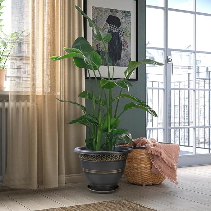 Usocik 4 Pack 16 Inch Large Plant Pots, Plastic Flower Pot for Indoor & Outdoor with Drainage Holes & Saucer, Plaid Pattern Planters Garden Pots for Herbs Gold