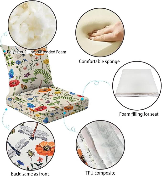 All Smiles 24x24 Outdoor Chair Cushions, 4 Inch Thick Deep Seat Patio Cushions for Chairs, UV Water Resistant Farmhouse Garden Cushions with Removable Back Cushion, Washable Deck Cushionsck
