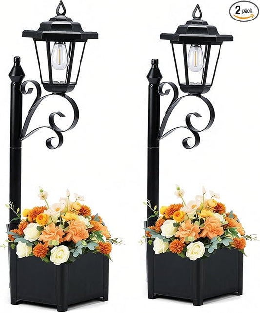 2 Pack Solar Floor Lamps with Planter (2-in-1 Design), 29.5" Outdoor LED Garden Lights - IP44 Waterproof, Warm White Auto-On at Dusk, Easy Install for Lawn, Patio, Porch, Yard & Pathway Decor